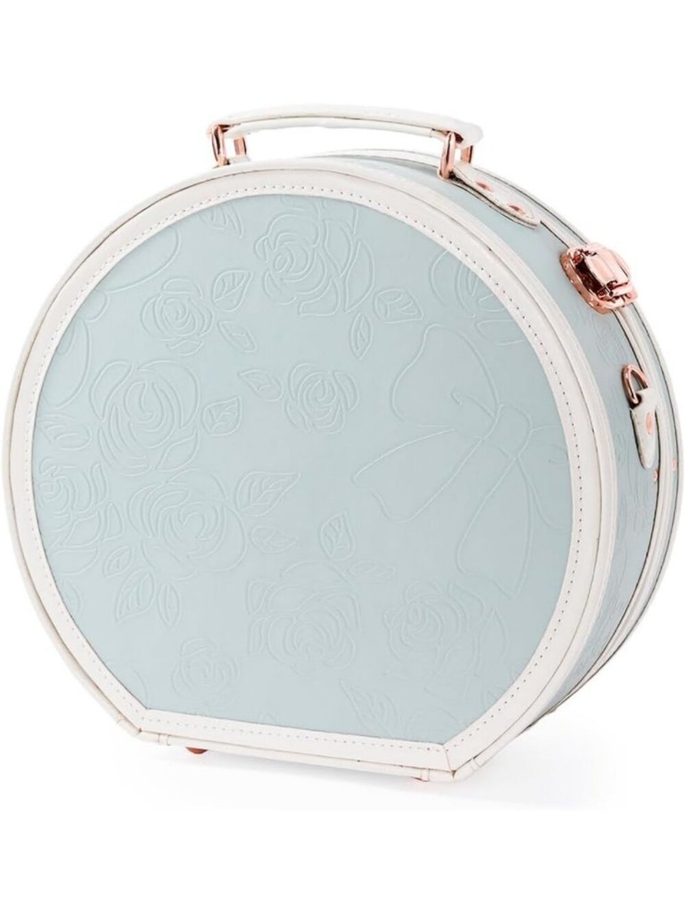 Vintage Floral Round Hat Box | Small Cosmetic Case | Embossed Blue Luggage